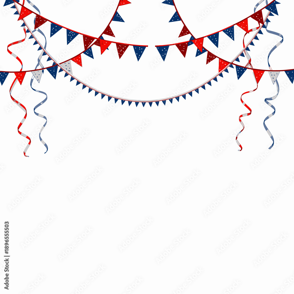Obraz premium Colorful Festive Bunting and Curled Ribbons in Red, White, and Blue Create a Joyful Celebration Atmosphere on a Bright, Clean Background
