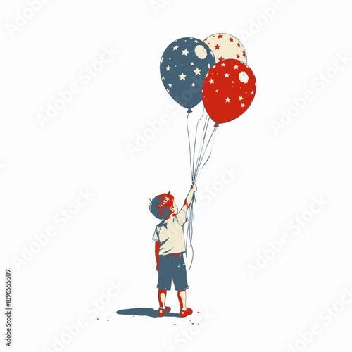 Young child eagerly reaching towards sky with three colorful star-patterned balloons symbolizing innocence and dreams, standing on a minimalist background