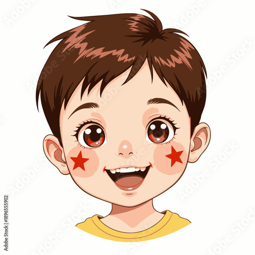 Charming cartoon illustration of a joyful child with star-shaped face paint and wide smile, evoking happiness and playful innocence