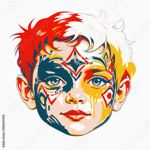 Colorful Expression: A Child's Face Adorned with Vibrant Flowing Rainbow Paint Celebrating Creativity and Joy in Artistic Self-Expression