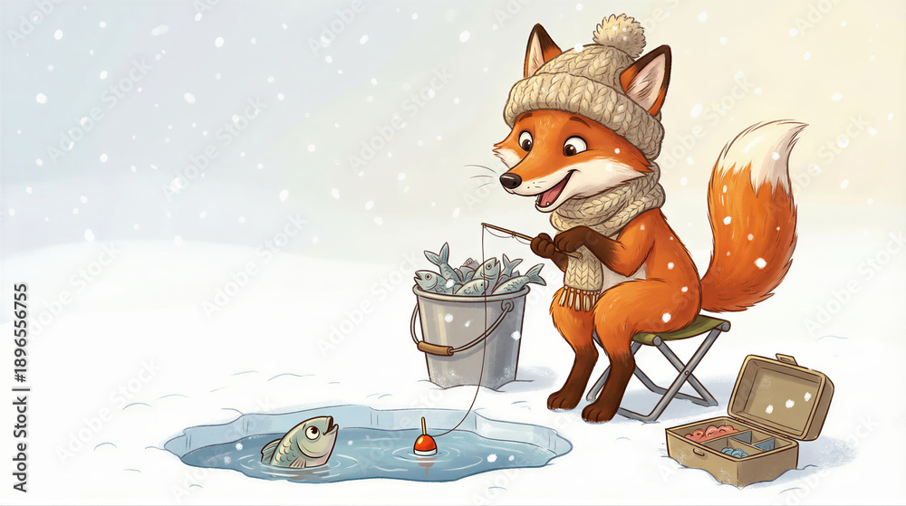 Fototapeta premium Fox ice fishing on a frozen lake with bucket full of fish. Cartoon animal enjoying winter pastime. Winter fun and leisure activity for children book.