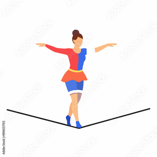 Female circus funambulist walking on rope vector illustration isolated on white background