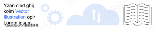 Technology, education, cloud storage, data management, reading, communication. Cloud with arrows, gears open book placeholder text. Technology and education concepts
