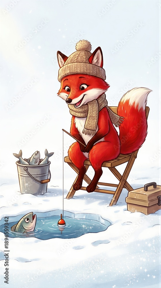 Fototapeta premium Cute fox in knit hat and scarf ice fishing on a frozen lake with bucket of fish and fishing equipment. Winter fun animal activity for kid.