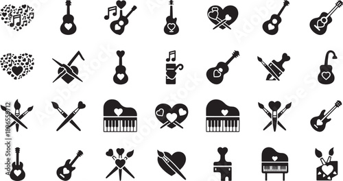 Music, art, guitars, pianos, hearts, paintbrushes, creative, instruments, melody, harmony, passion, hobby