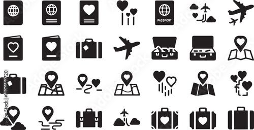 Travel and vacation icons with romantic theme including passports suitcases airplanes maps and heart pins