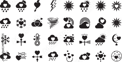 Romantic weather forecast icons featuring heart clouds sun patterns wind vanes and seasonal climate symbols
