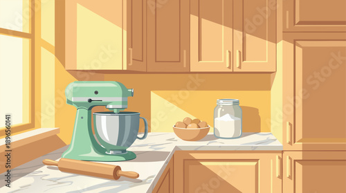 Kitchen counter with stand mixer and baking ingredients.