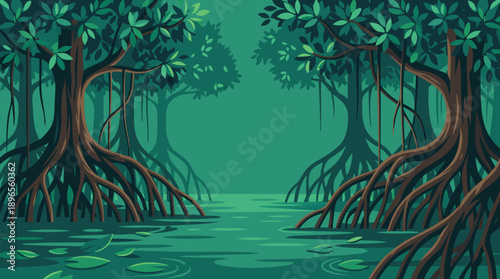 Lush Green Mangrove Forest with Water and Roots.