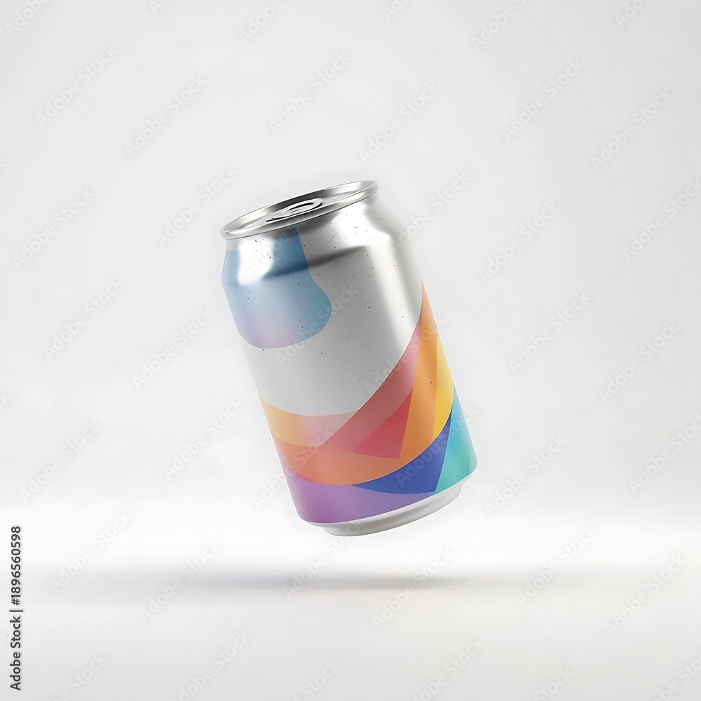 Fototapeta premium Modern floating beverage can mockup with colorful geometric abstract design