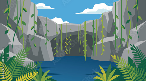 Lush Jungle Waterfall Cave Entrance.