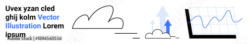 Data analysis, cloud computing, growth trends, business forecasting, development, statistical projections. Clouds with upward arrows next to a line graph. Data analysis and cloud computing concept