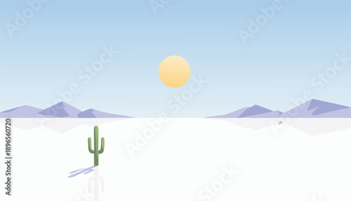 Minimalist Desert Landscape with Cactus and Sun.