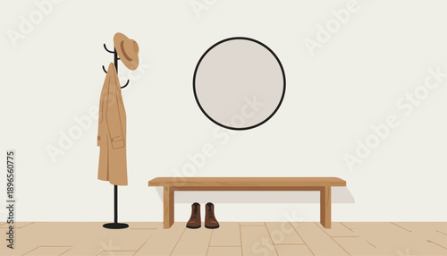Minimalist entryway with coat rack, mirror, bench, and boots.