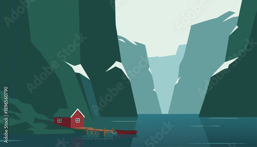 Minimalist illustration of a red house by a serene fjord with towering mountains.