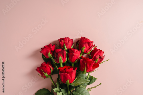 Mother's Day or Valentine's Day background. Red roses flowers on pink background. Festive greeting card, flat lay