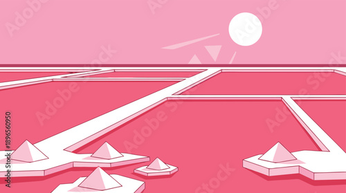 Minimalist Pink Landscape with Geometric Pyramids and Sun.