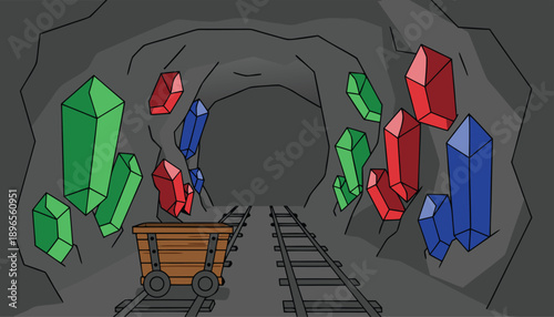 Mining tunnel with colorful crystals and mine cart on tracks.