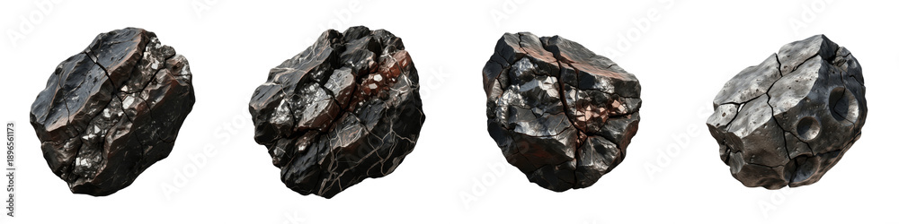 Obraz premium Set of 4 Irregular Jagged Space Meteorites with Sharp Rock Texture, Realistic 3D Asteroid Fragments for Sci-Fi, Gaming, Astronomy, Isolated on White Transparent PNG Background