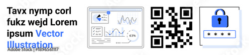 Data security, analytics, QR technology, cybersecurity, digital payment, secure login. Charts, QR code lock with password interface. Data security and analytics showcased visually