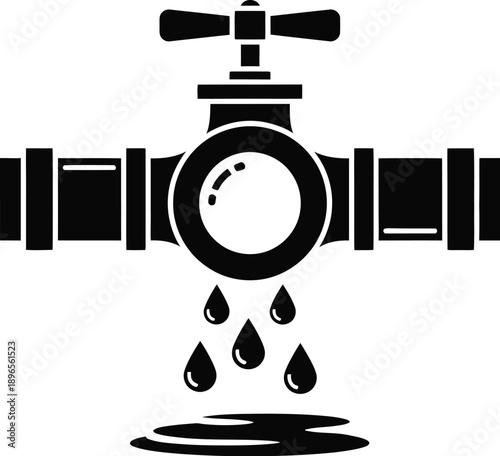 Water damaged,  leaking pipe or valve. Dripping water pipe fitting vector. 