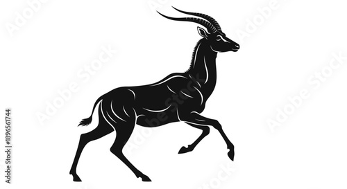 Black antelope illustration running on white background with sharp edges and dynamic posture