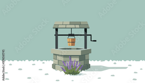 Old stone water well with bucket in a simple landscape.