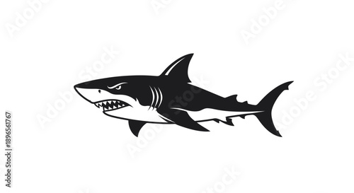 A menacing black and white illustration of a shark swimming in the ocean from a side viewpoint