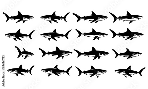 Multiple sharks swimming in various directions against a plain white background, showcasing diverse silhouettes and aquatic life, viewed from the side.