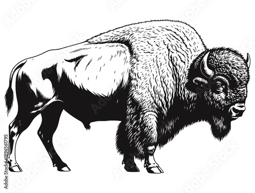 A detailed black and white illustration of a bison standing in profile showcasing its textured fur and powerful stance