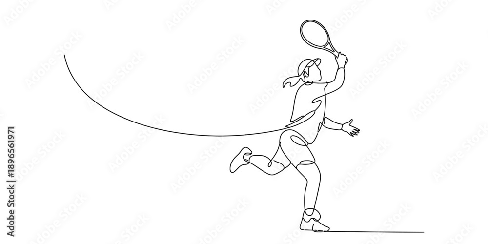 Fototapeta premium Dynamic continuous line drawing of a tennis player in action, striking a serve