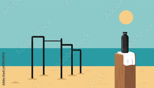 Outdoor gym with parallel bars and water bottle on a sunny beach.