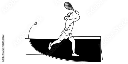 Dynamic continuous line drawing of a tennis player hitting the ball with a racket