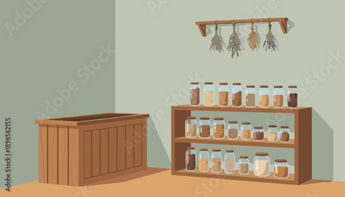 Pantry organization with wooden shelves and jars of food.