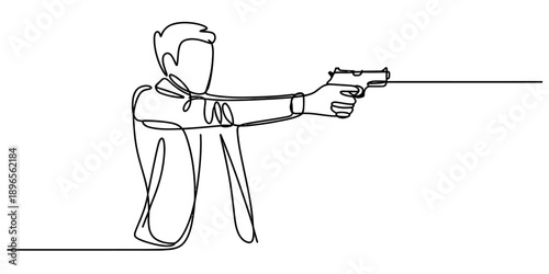 A continuous line drawing of a man aiming a pistol, depicting precision and focus