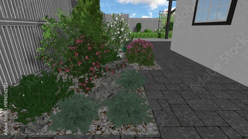 3d image of the landscape design of the home territory. Landscaping of the territory. Computer visualization of composite landscaping and landscaping solutions.