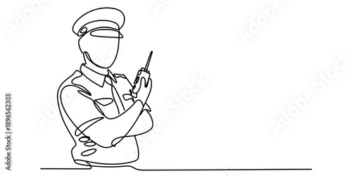 Continuous line drawing of a security officer or police using a walkie-talkie for communication