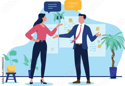 Colleagues talking at work - Two businesspeople, businessman and businesswoman having a conversation and discussion in office. Business and workplace communication concept in flat design illustration