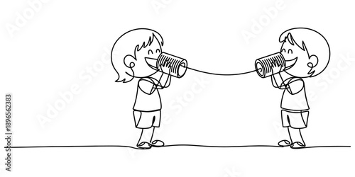 A charming continuous line drawing of two happy children communicating with a classic tin can telephone