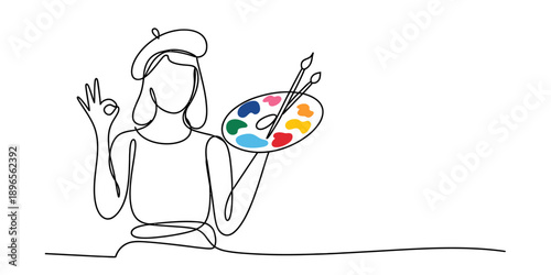 A continuous line drawing of a female artist with beret, palette, and paint brushes showing an ok sign