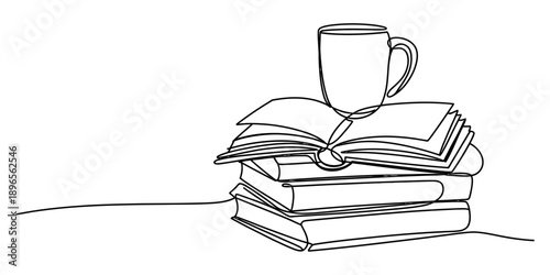 Continuous line drawing of a stack of books with an open book and a mug on top