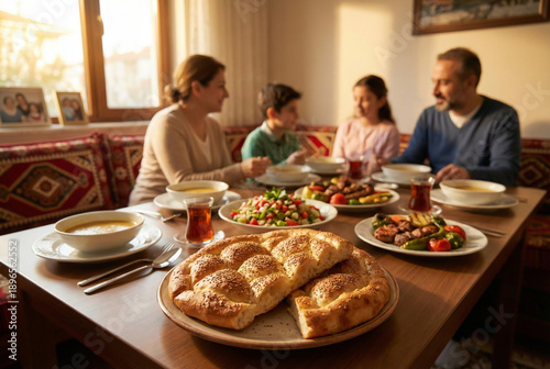 Selective focus on fresh ramadan pita bread on a dinner table with a happy Turkish family eating iftar meal in the background