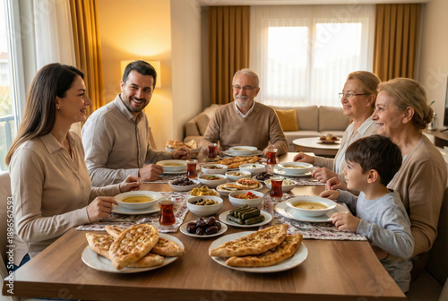 Happy Turkish family sitting at a large dinner table enjoying traditional Turkish food at home in Ramadan