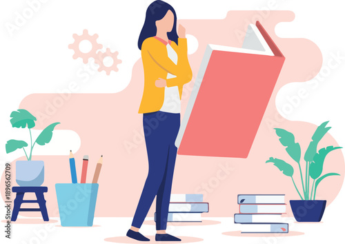  Woman studying reading book - Female person standing, thinking and learning from literature books indoors. Self education concept in flat design vector illustration with white background.
