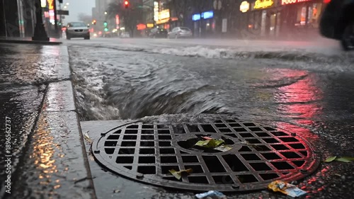 Powerful rainstorm flooding city streets and flowing into storm drains dynamically.