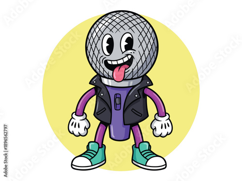 Retro Microphone Character with Tongue Out.