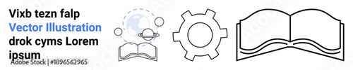 Open book paired with a gear and planet, symbolizing education, innovation, exploration, and progress. Ideal for technology, education, e-learning, research creativity futuristic themes simple