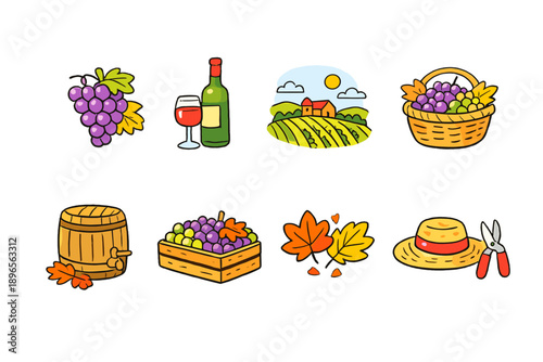 Viticulture and winemaking icons: grapes, wine, vineyard, barrel, and harvest tools
