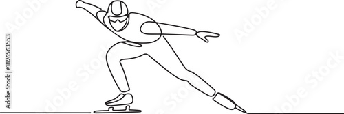 One line drawing of a speed skater in racing suit and helmet on ice. one line Art icon drawing vector