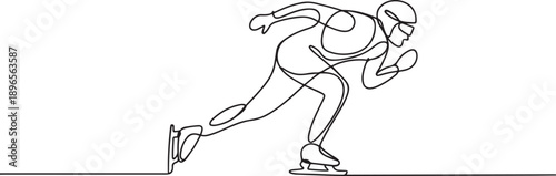 One line drawing of a speed skater in racing suit and helmet on ice. one line Art icon drawing vector